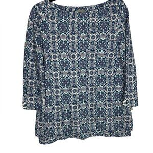 Talbots Blue Lightweight Cotton Pique Top Mosaic Paisley Print Size Small